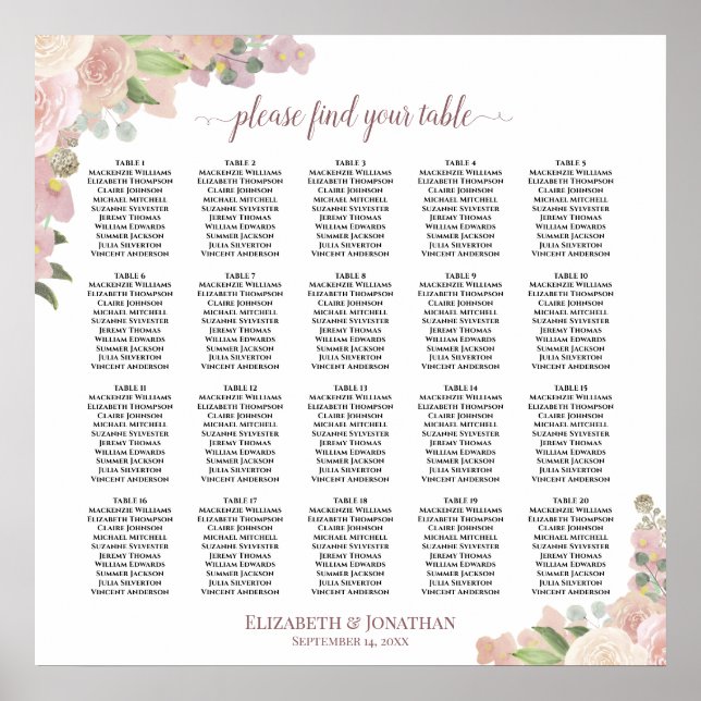 Tableau de disposition de mariage floral rose pous (Devant)