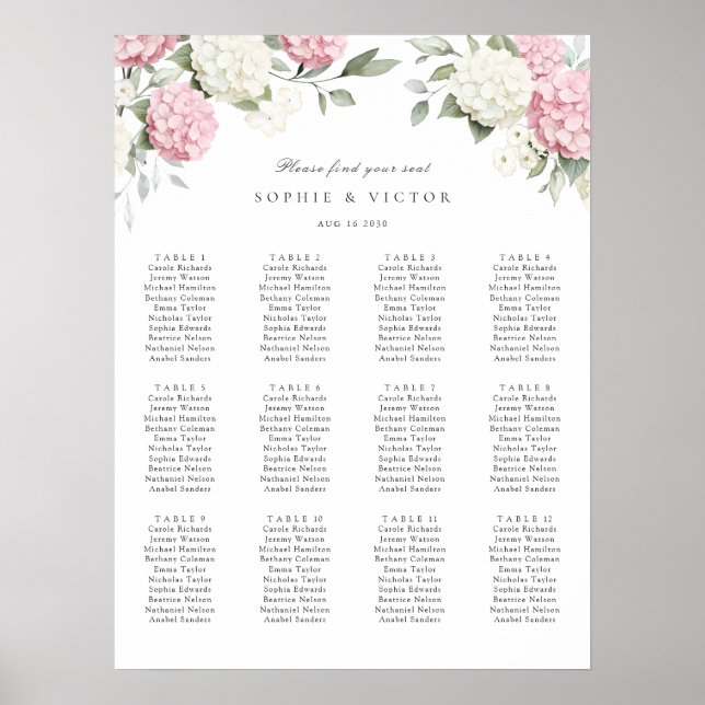 Tableau de mariage à 12 tables avec hortensias flo (Devant)