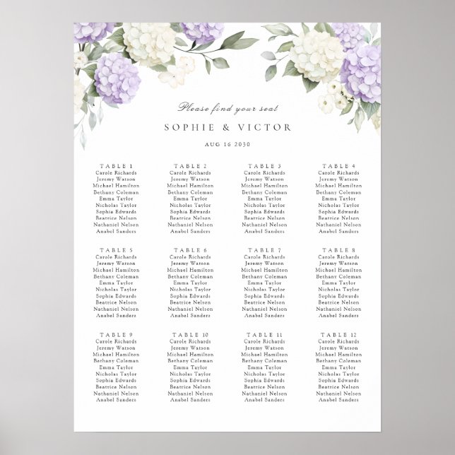 Tableau de mariage à 12 tables avec hortensias flo (Devant)