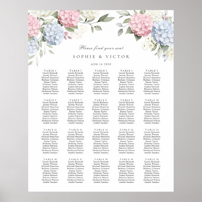 Tableau de mariage à 20 tables avec hortensias flo (Devant)