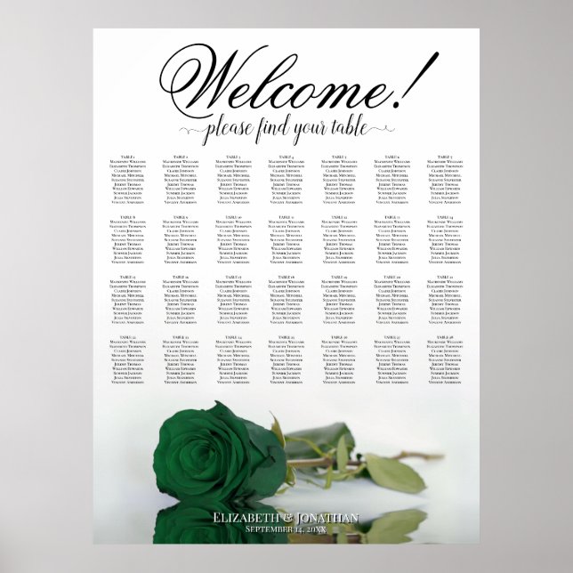 Tableau de mariage à 28 tables Rose Vert Émeraude (Devant)