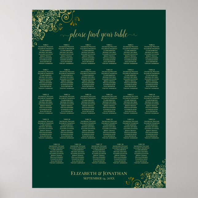 Tableau de mariage à 29 tables Or 29 Vert émeraude (Devant)