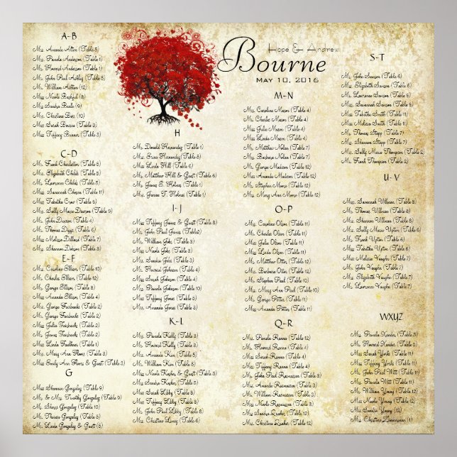 Tableau de mariage à damas de feuille de cœur roug (Devant)