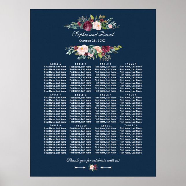Tableau de mariage à fleurs de Bourgogne sur fond  (Devant)