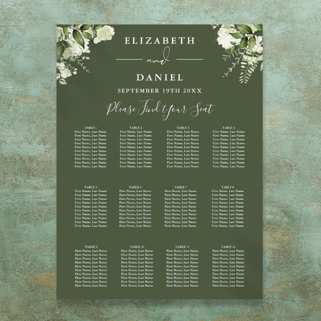 Tableau de mariage à la verdure florale vert olive (Olive Green Floral Greenery Wedding Seating Chart)