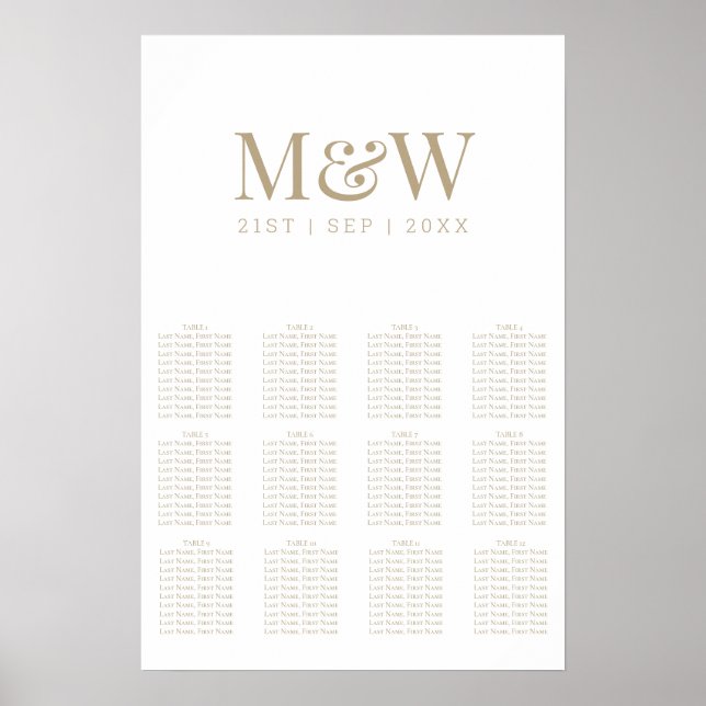 Tableau de Mariage à Monogramme en Or Blanc Modern (Devant)