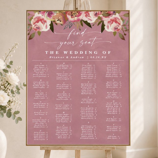 Tableau de Mariage Alphabetique Rose Sauvage Rose (Elegant wild rose pink floral alphabetical wedding seating chart)