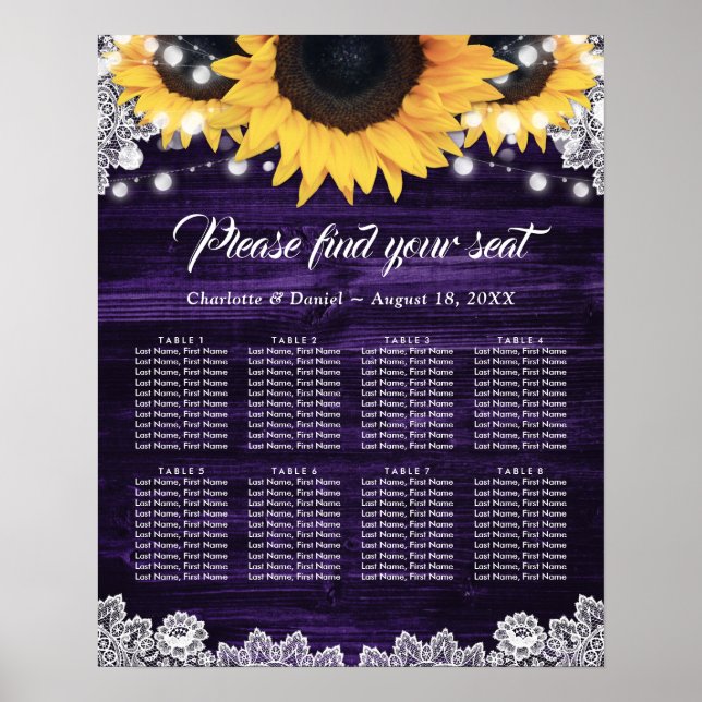 Tableau de mariage assis au soleil en bois violet  (Devant)