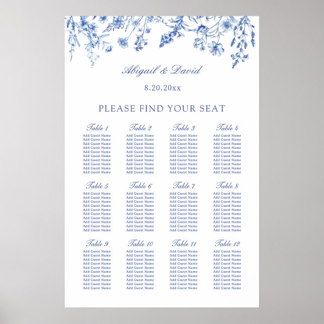 Tableau de mariage aux fleurs sauvages bleues (Devant)