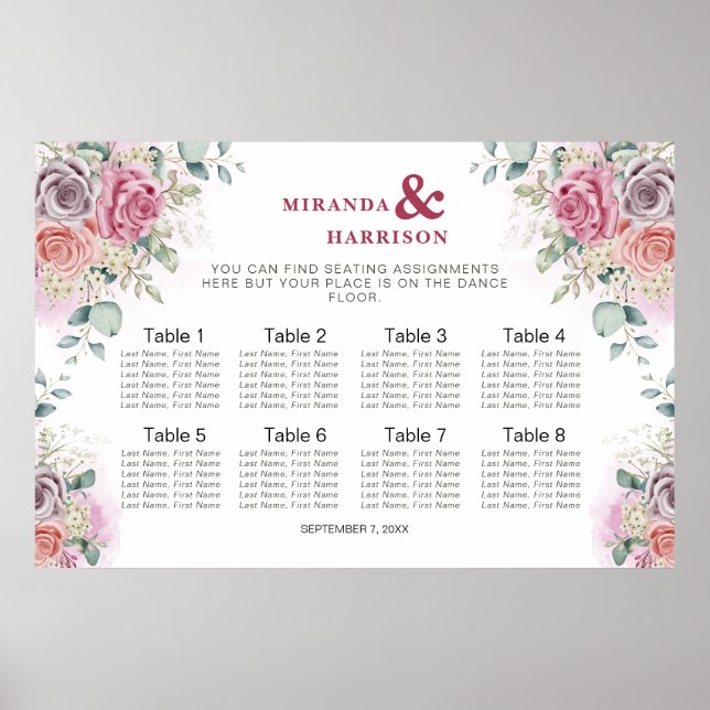 Tableau de mariage aux roses aquarelles (Devant)