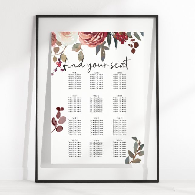 Tableau de mariage aux roses florales rouge blush (Créateur téléchargé)
