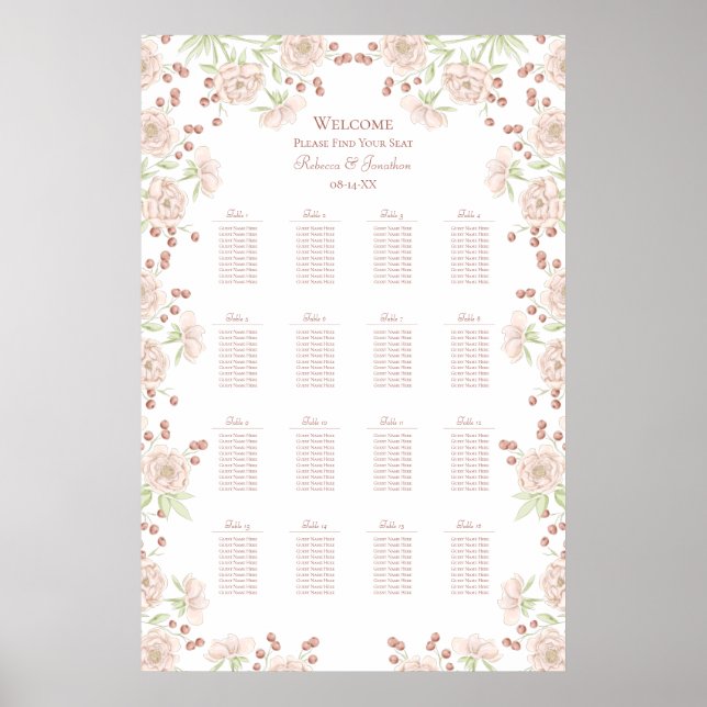 Tableau de mariage aux roses roses pâles (Devant)