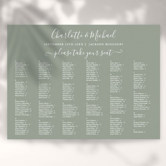 Tableau de mariage avec 200 noms de couleur vert s (Sage Green 200 Names Wedding Seating Chart)