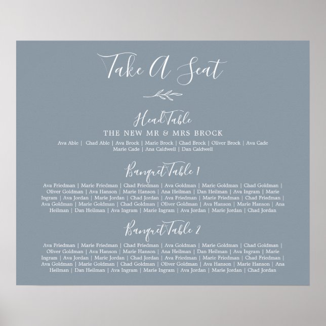 Tableau de Mariage de banquet bleu feuille minimal (Devant)