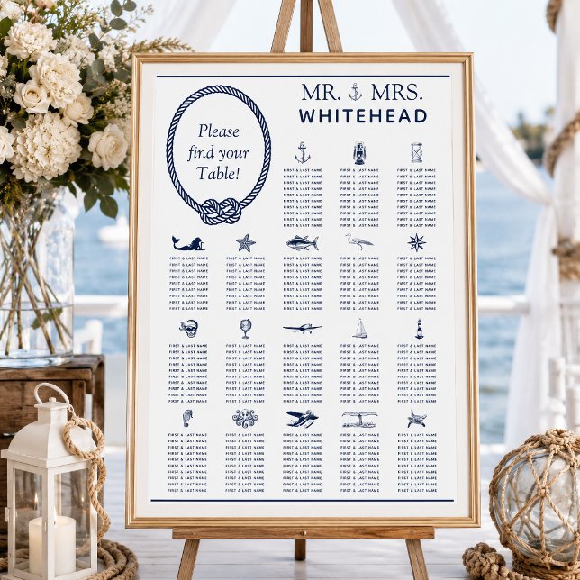 Tableau de mariage de corde nautique 18 places ass (This seating chart in a nautical theme has symbols that represent the guest tables.)