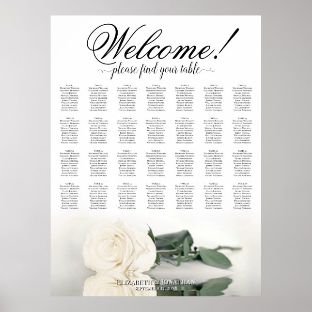 Tableau de Mariage Élégant Rose Blanche 28 Tables (Devant)