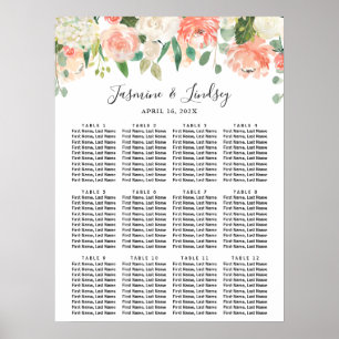 Tableau de Mariage Fleurs Blanches Corail Pêche