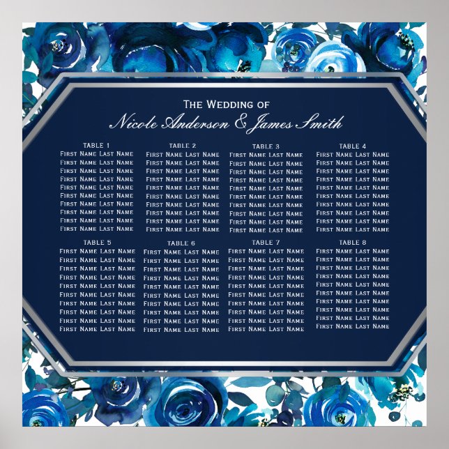 Tableau de mariage Fleurs Florales Indigo Bleu (Devant)