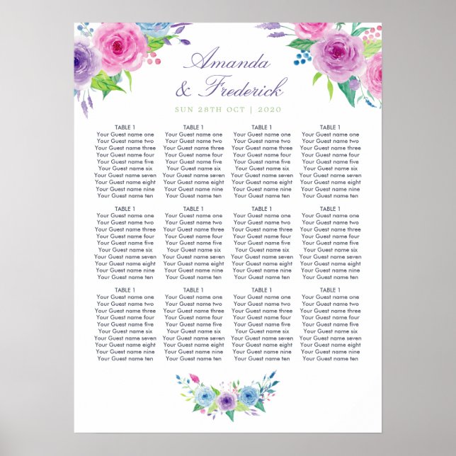 Tableau de mariage floral aquarelle Violet Mix (Devant)
