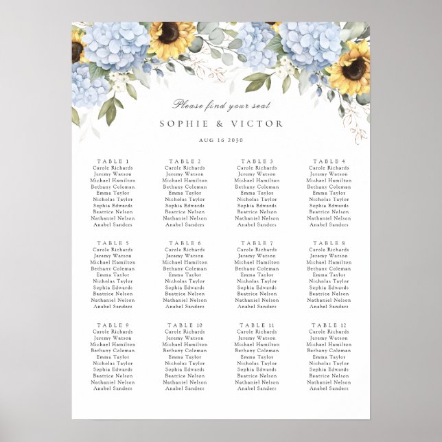 Tableau de mariage floral Hydrangea 12 places assi (Devant)