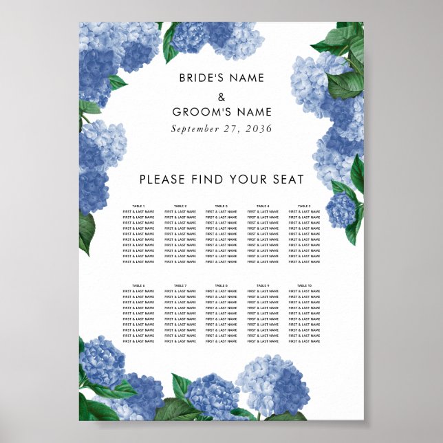Tableau de mariage floral Hydrangea Bleu (Devant)