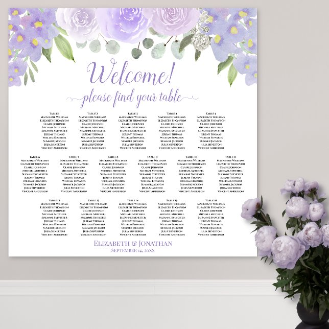 Tableau de mariage floral lavande 16 tables (In Situ on Wall with Flowers)
