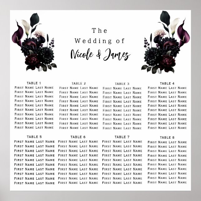 Tableau de mariage floral romantique sombre et d'h (Devant)