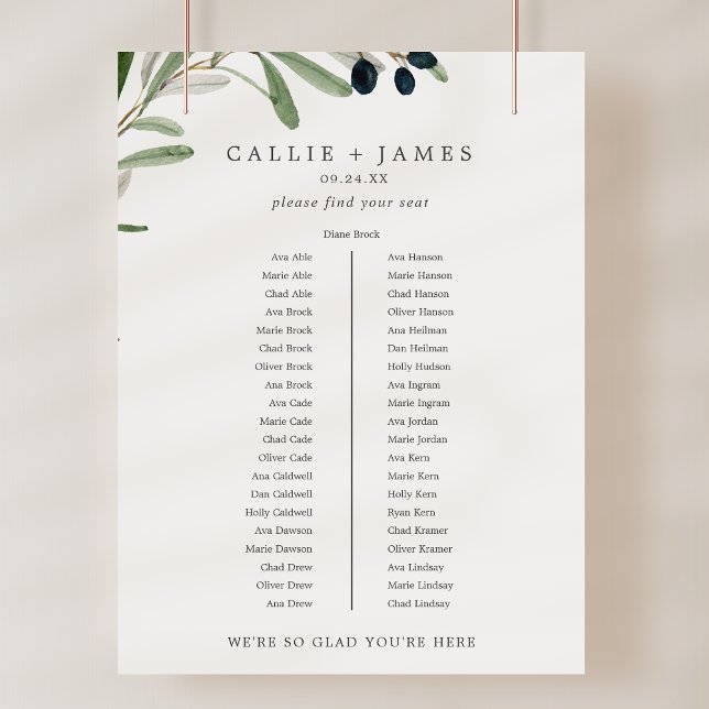Tableau de mariage moderne sur table de banquet en (Modern Olive Banquet Table Wedding Seating Chart)