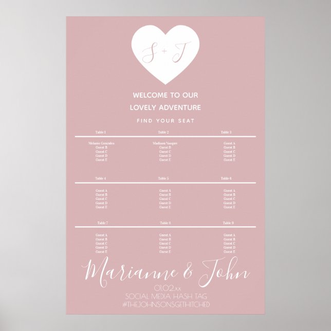 Tableau de mariage rose cœur simple Logo (Devant)