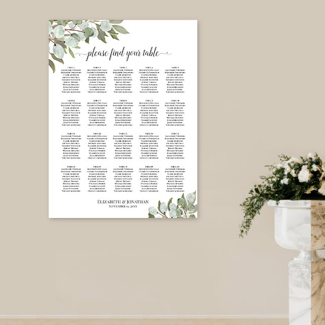 Tableau de Mariage Rustique Eucalyptus 20 Tables (In Situ on Wall with Pedestal Vase)