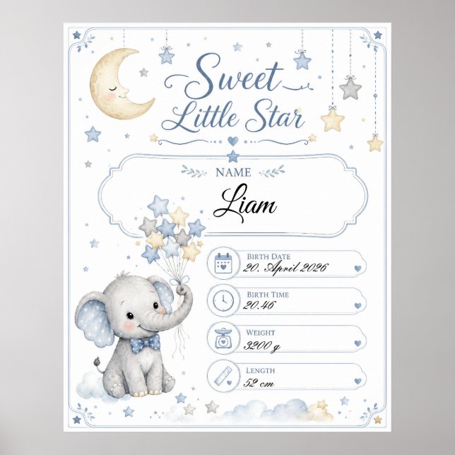 Tableau de naissance bébé personnalisable avec élé (Devant)