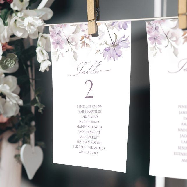 Tableau de numéros de table à fleurs élégant viole (Purple Elegant Floral Table Number Seating Chart)