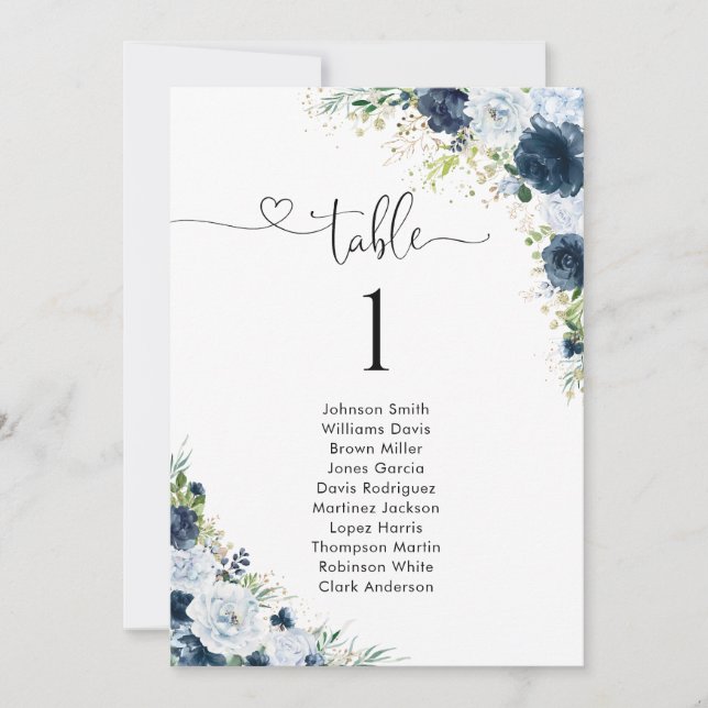 Tableau de numéros de table à fleurs Navy Blue pou (Devant)