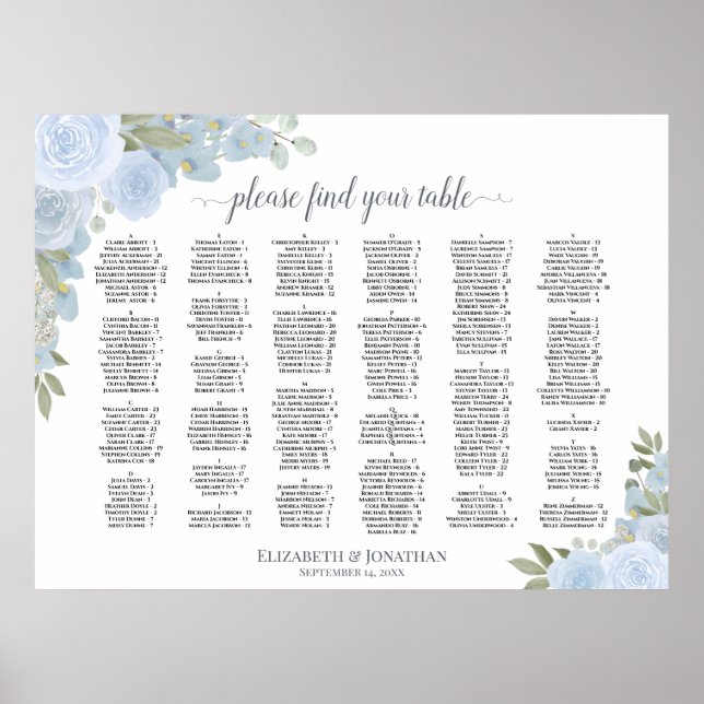 Tableau de placement alphabétique de roses bleues  (Devant)