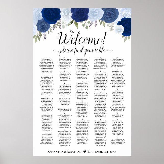 Tableau de placement alphabétique de roses bleues  (Devant)