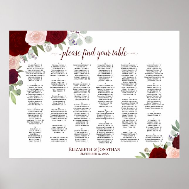 Tableau de placement alphabétique de roses boho ro (Devant)