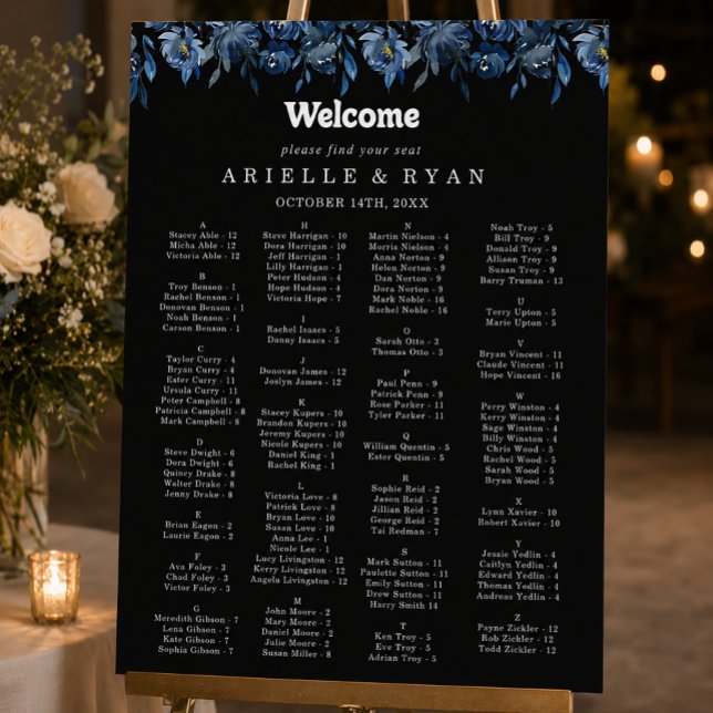 Tableau de placement alphabétique floral bleu de l (Créateur téléchargé)