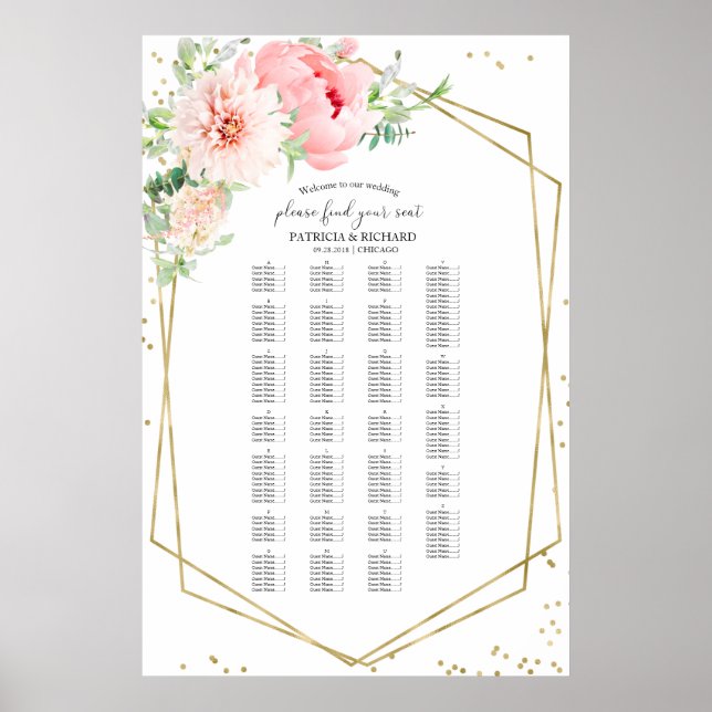 Tableau de placement alphabétique floral rose mode (Devant)