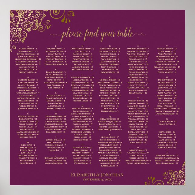 Tableau de placement alphabétique Magenta Cassis & (Devant)