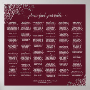 Tableau de placement alphabétique sur fond bordeau