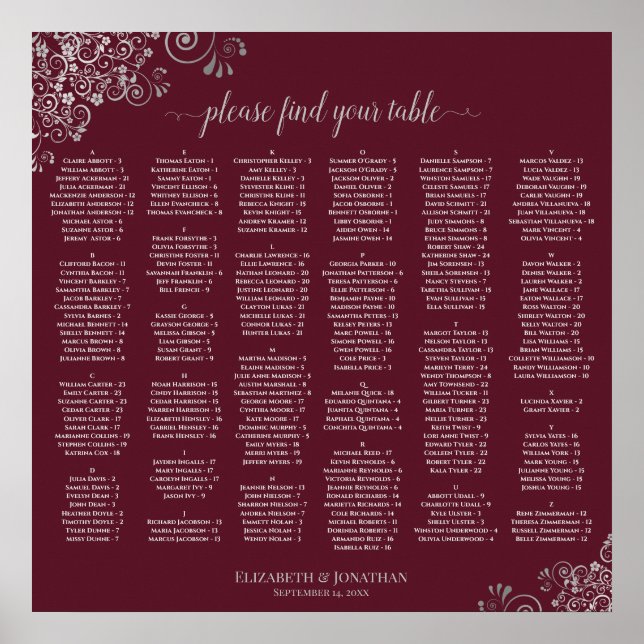 Tableau de placement alphabétique sur fond bordeau (Devant)