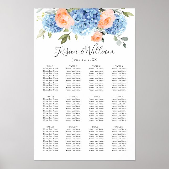 Tableau de placement Bleu Hydrangea Blush Rose 12 (Devant)