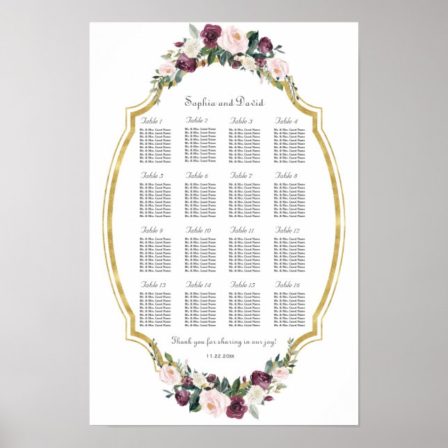Tableau de placement charmant or burgundy blush fl (Devant)