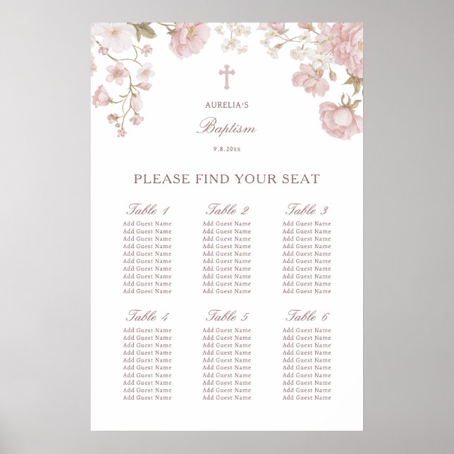 Tableau de placement de baptême à cadre floral ros (Devant)