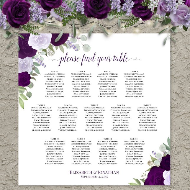 Tableau de placement de mariage 13 tables Roses Bo (In Situ on Wall with Flowers)