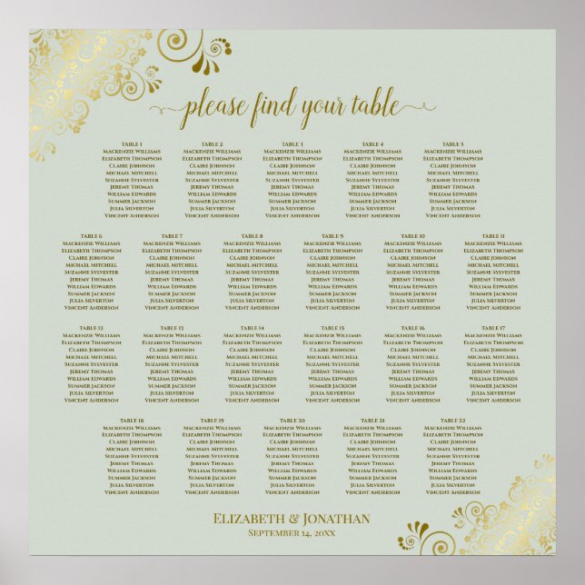 Tableau de placement de mariage 22 tables Or sur S (Devant)