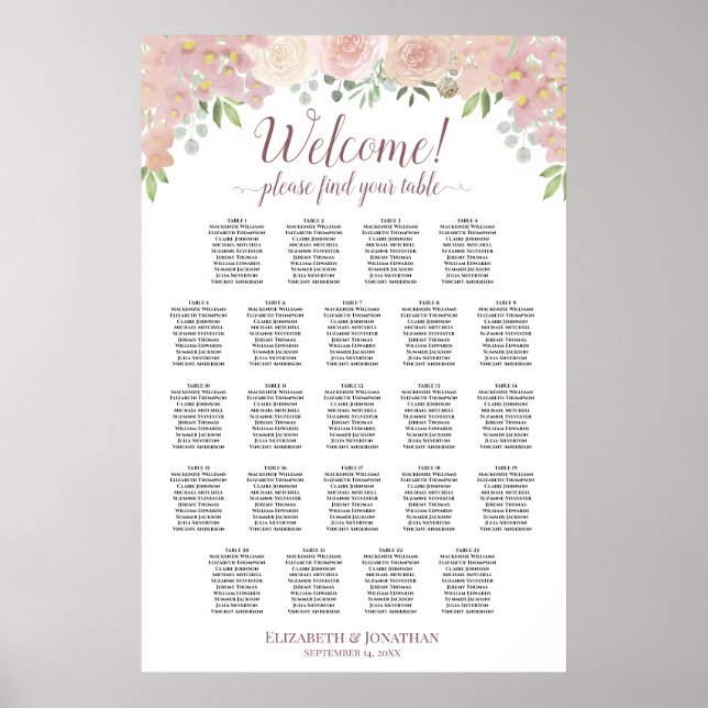Tableau de placement de mariage 23 tables Roses ro (Devant)