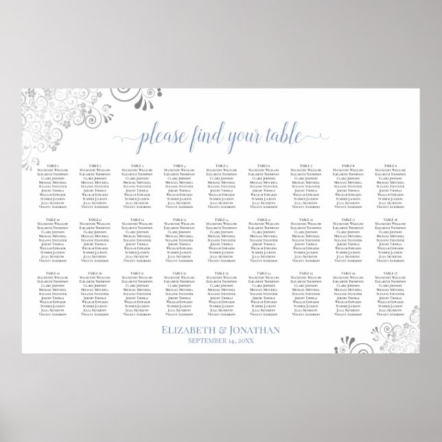 Tableau de placement de mariage 27 tables Bleu pou (Devant)