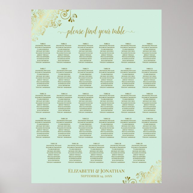 Tableau de placement de mariage 29 tables Vert Men (Devant)