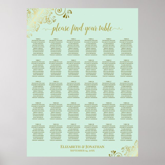 Tableau de placement de mariage 30 tables Or et Ve (Devant)
